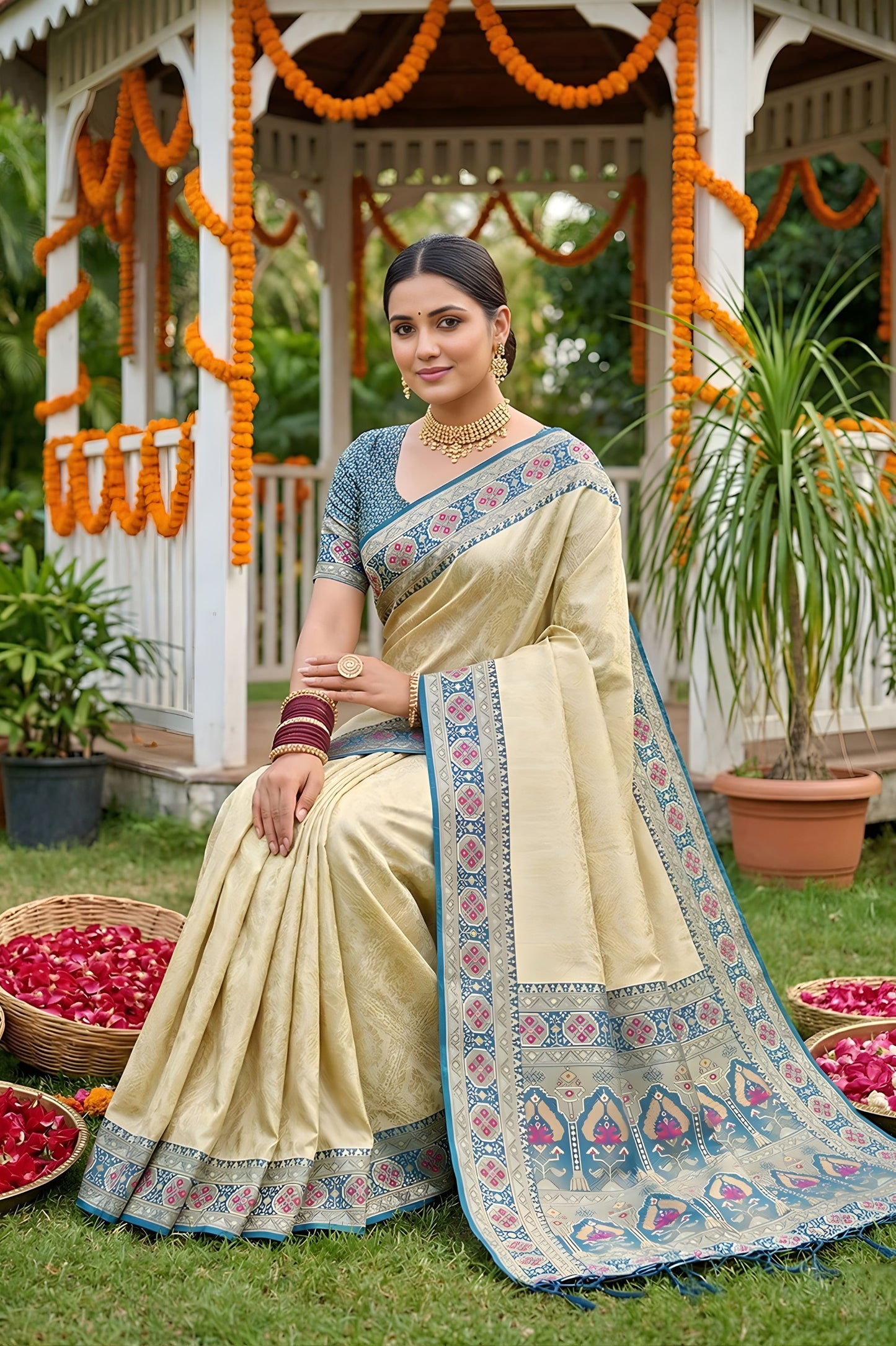 Royal Cream Beige Soft Silk Saree Steel Blue Woven Border and Designer Pallu