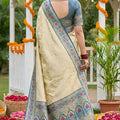 Royal Cream Beige Soft Silk Saree Steel Blue Woven Border and Designer Pallu