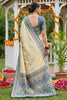 Royal Cream Beige Soft Silk Saree Steel Blue Woven Border and Designer Pallu