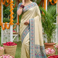 Royal Cream Beige Soft Silk Saree Steel Blue Woven Border and Designer Pallu