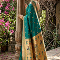 Premium Teal Green Silk Saree Gold Zari Border Peacock Motif Designer Pallu