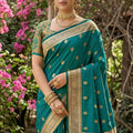 Premium Teal Green Silk Saree Gold Zari Border Peacock Motif Designer Pallu