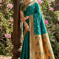 Premium Teal Green Silk Saree Gold Zari Border Peacock Motif Designer Pallu
