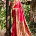 Premium Rani Pink Silk Saree Gold Zari Border, Peacock Motif Designer Pallu