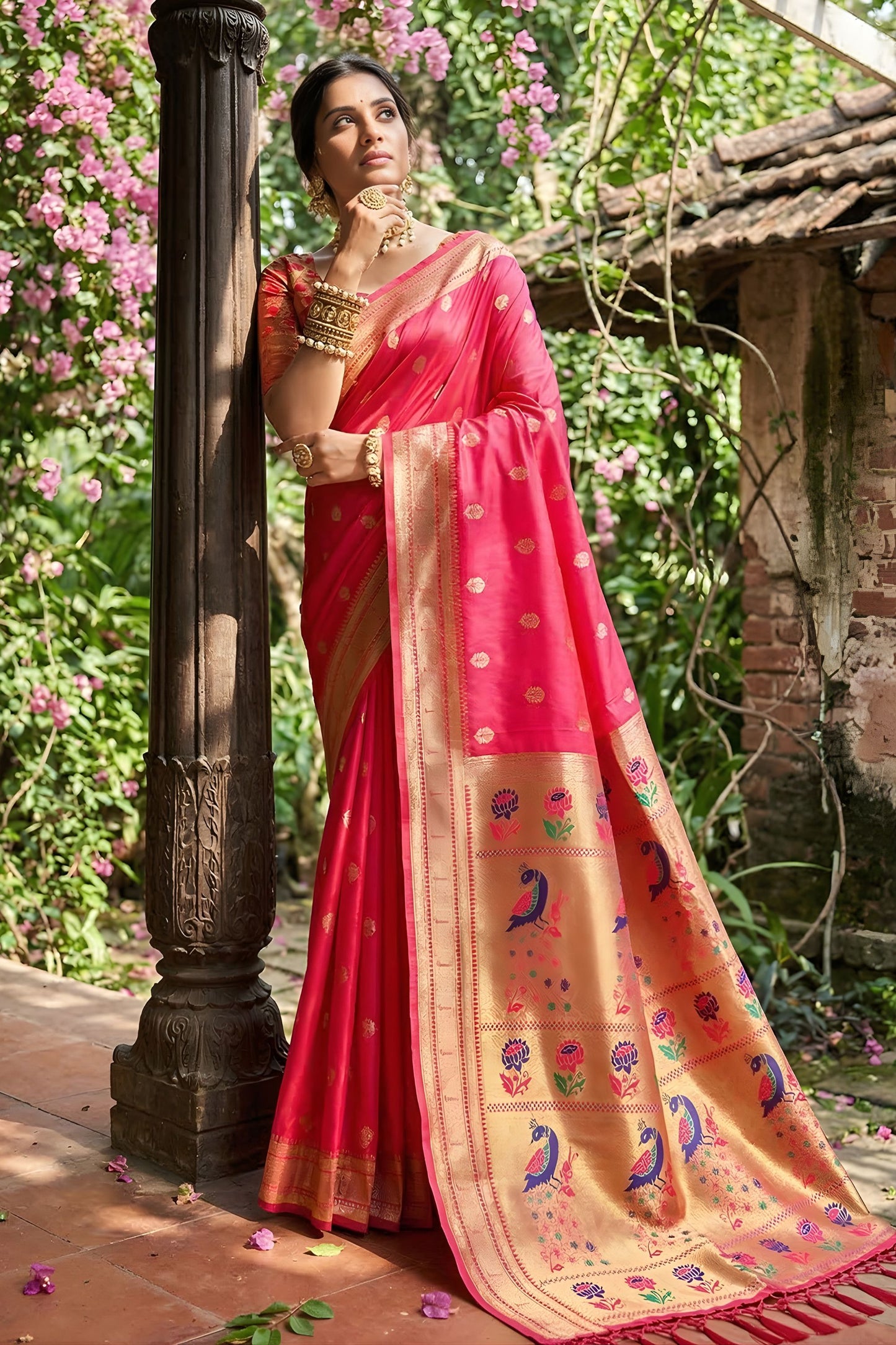 Premium Rani Pink Silk Saree Gold Zari Border, Peacock Motif Designer Pallu