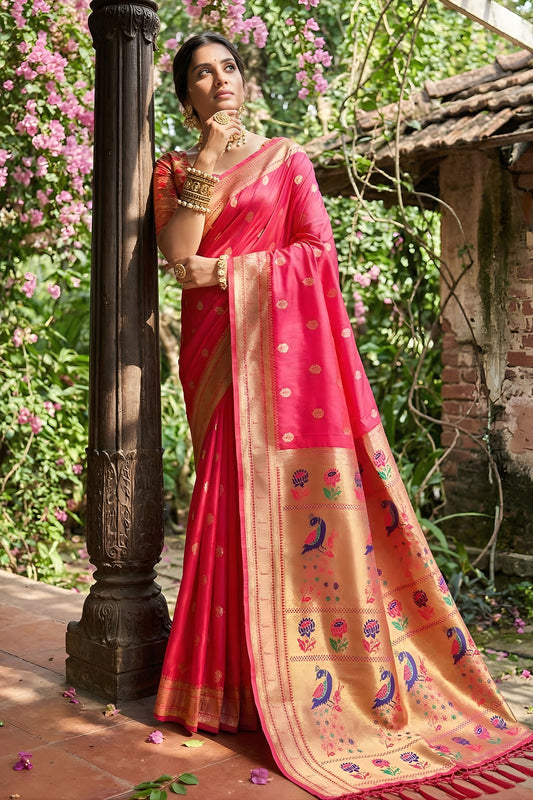 Premium Rani Pink Silk Saree Gold Zari Border, Peacock Motif Designer Pallu