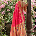 Premium Rani Pink Silk Saree Gold Zari Border, Peacock Motif Designer Pallu