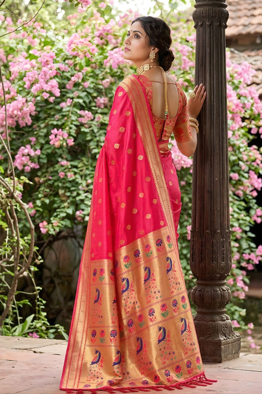 Premium Rani Pink Silk Saree Gold Zari Border, Peacock Motif Designer Pallu
