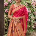 Premium Rani Pink Silk Saree Gold Zari Border, Peacock Motif Designer Pallu
