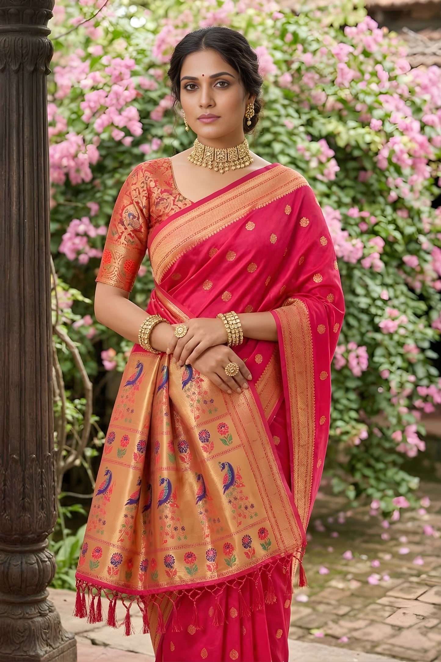 Premium Rani Pink Silk Saree Gold Zari Border, Peacock Motif Designer Pallu