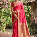 Premium Rani Pink Silk Saree Gold Zari Border, Peacock Motif Designer Pallu