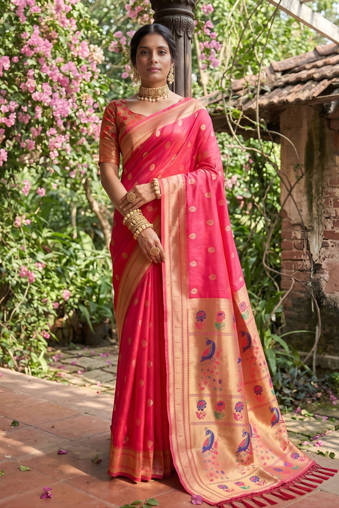 Premium Rani Pink Silk Saree Gold Zari Border, Peacock Motif Designer Pallu