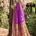 Royal Purple Silk Saree Gold Zari Border, Peacock Motif Designer Pallu