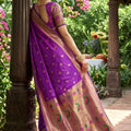 Royal Purple Silk Saree Gold Zari Border, Peacock Motif Designer Pallu
