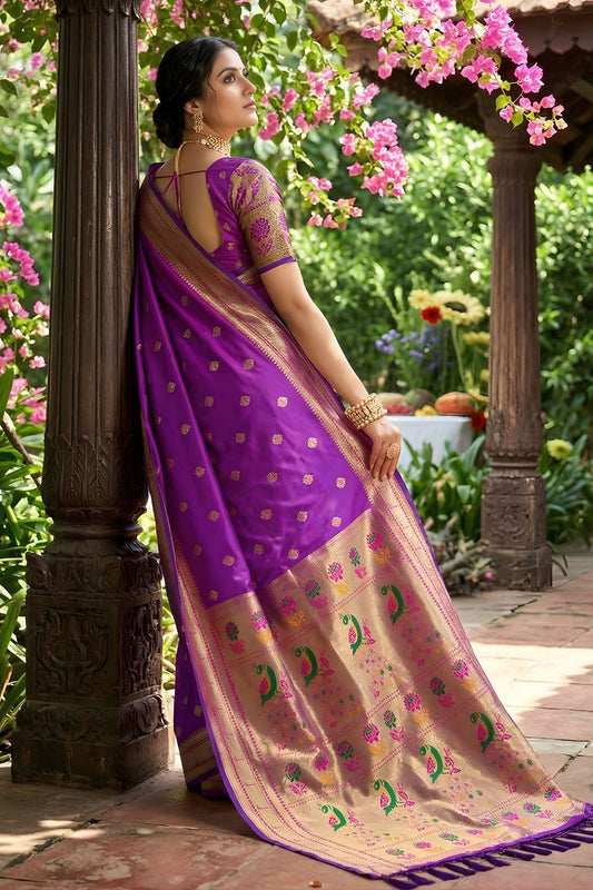 Royal Purple Silk Saree Gold Zari Border, Peacock Motif Designer Pallu