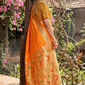 Stylish Mustard Orange Silk Saree Gold Zari Border, Peacock Motif Designer Pallu