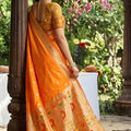 Stylish Mustard Orange Silk Saree Gold Zari Border, Peacock Motif Designer Pallu