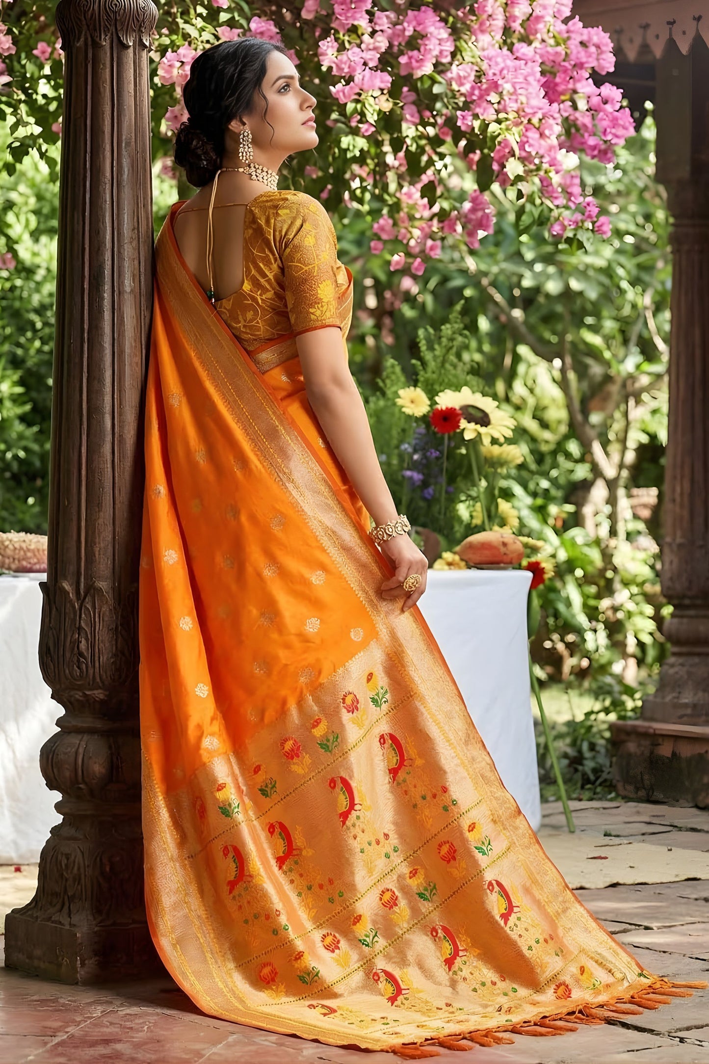 Stylish Mustard Orange Silk Saree Gold Zari Border, Peacock Motif Designer Pallu