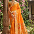 Stylish Mustard Orange Silk Saree Gold Zari Border, Peacock Motif Designer Pallu