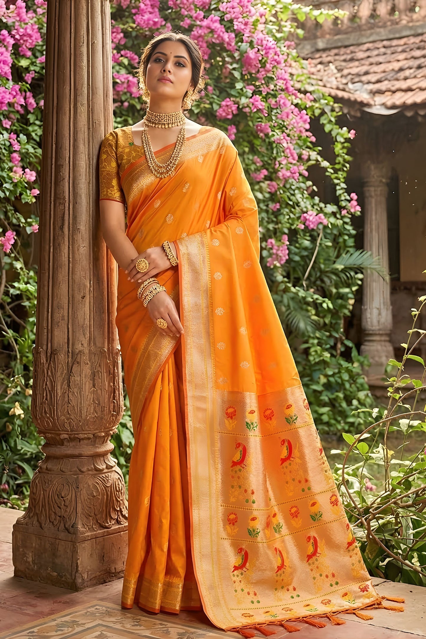 Stylish Mustard Orange Silk Saree Gold Zari Border, Peacock Motif Designer Pallu