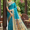 Elegant Turquoise Blue Silk Saree with Gold Zari Border, Peacock Motif Designer Pallu
