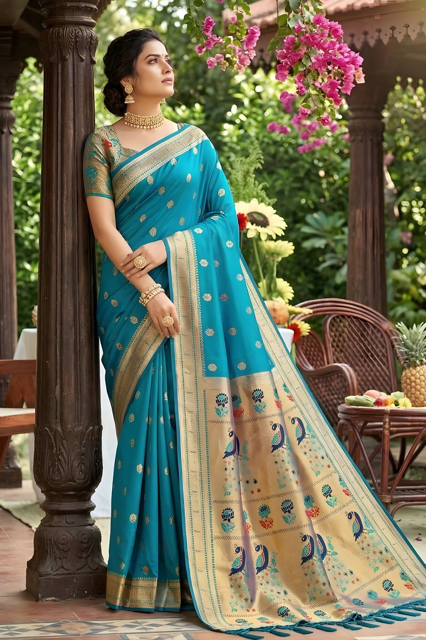 Elegant Turquoise Blue Silk Saree with Gold Zari Border, Peacock Motif Designer Pallu