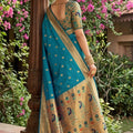 Elegant Turquoise Blue Silk Saree with Gold Zari Border, Peacock Motif Designer Pallu