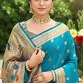 Elegant Turquoise Blue Silk Saree with Gold Zari Border, Peacock Motif Designer Pallu