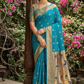 Elegant Turquoise Blue Silk Saree with Gold Zari Border, Peacock Motif Designer Pallu