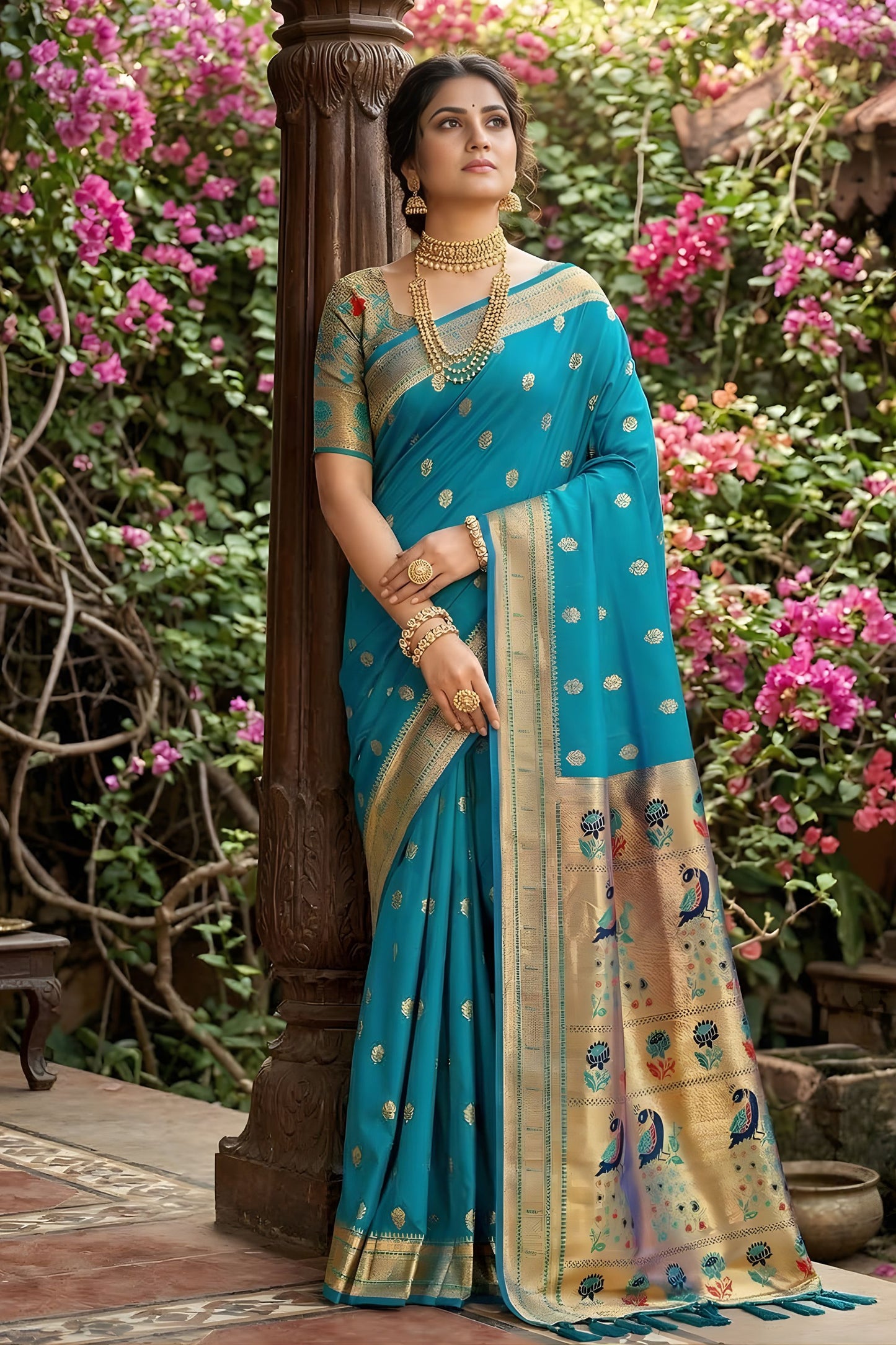 Elegant Turquoise Blue Silk Saree with Gold Zari Border, Peacock Motif Designer Pallu