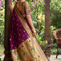 Royal Wine Purple Silk Saree Gold Zari Border, Peacock Motif Designer Pallu