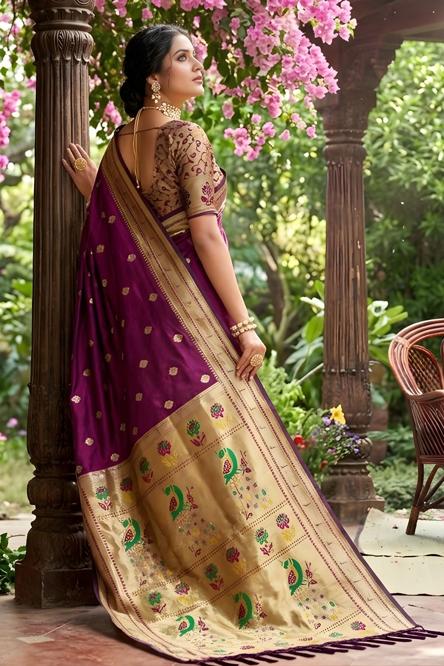 Royal Wine Purple Silk Saree Gold Zari Border, Peacock Motif Designer Pallu