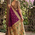 Royal Wine Purple Silk Saree Gold Zari Border, Peacock Motif Designer Pallu
