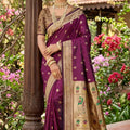Royal Wine Purple Silk Saree Gold Zari Border, Peacock Motif Designer Pallu