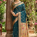 Premium Dark Teal Silk Saree Gold Zari Border, Peacock Motif Designer Pallu