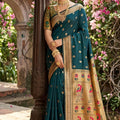 Premium Dark Teal Silk Saree Gold Zari Border, Peacock Motif Designer Pallu