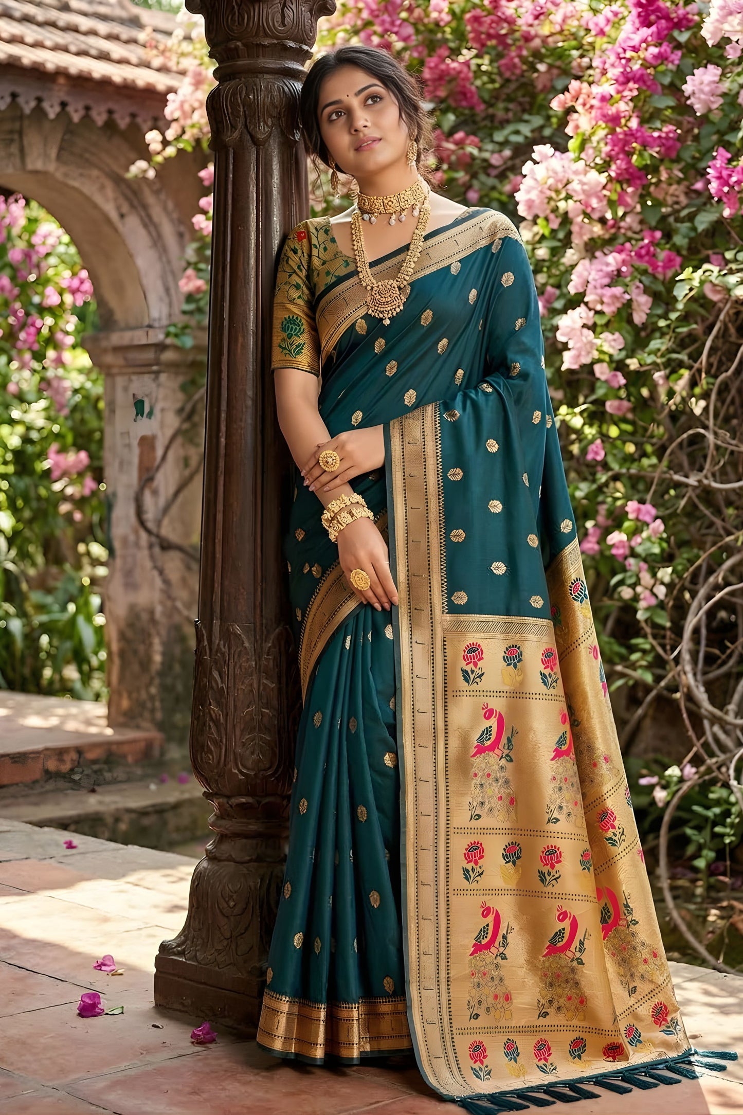 Premium Dark Teal Silk Saree Gold Zari Border, Peacock Motif Designer Pallu