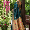 Premium Dark Teal Silk Saree Gold Zari Border, Peacock Motif Designer Pallu