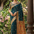 Premium Dark Teal Silk Saree Gold Zari Border, Peacock Motif Designer Pallu