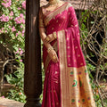 Premium Magenta Pink Silk Saree Gold Zari Border, Peacock Motif Designer Pallu