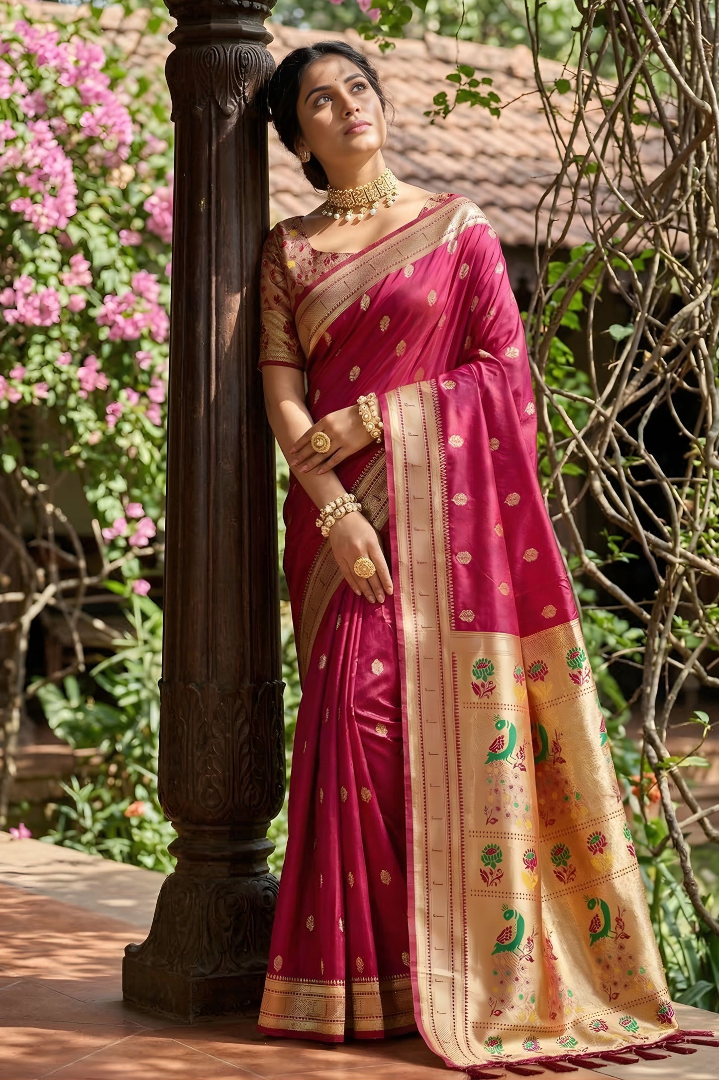 Premium Magenta Pink Silk Saree Gold Zari Border, Peacock Motif Designer Pallu