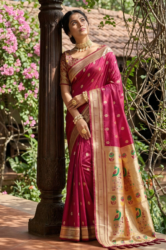 Premium Magenta Pink Silk Saree Gold Zari Border, Peacock Motif Designer Pallu