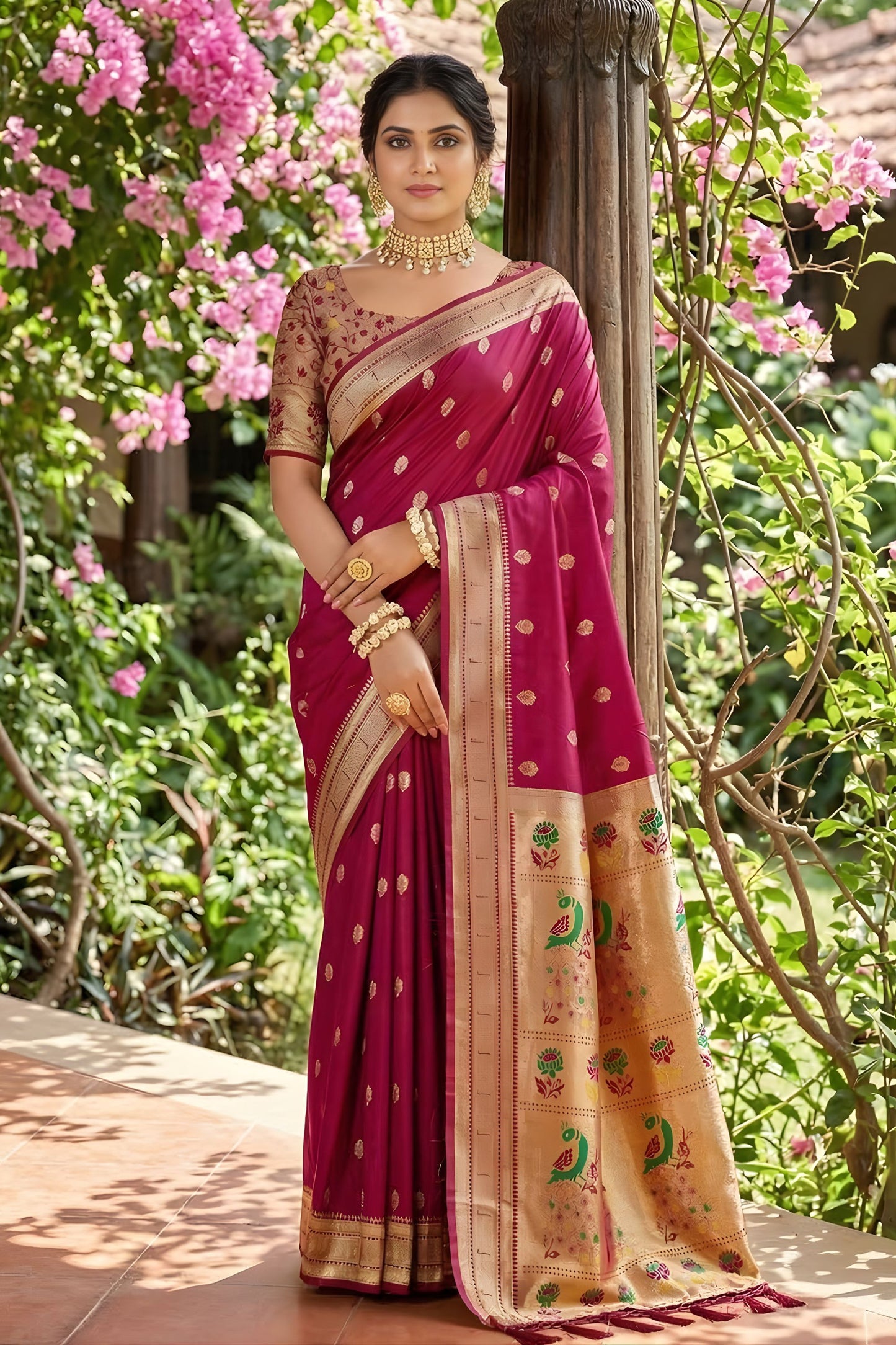 Premium Magenta Pink Silk Saree Gold Zari Border, Peacock Motif Designer Pallu