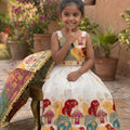 Beautiful Off White Khadi Cotton Girls Lehenga Choli with Multicolor Temple Motif for Festival
