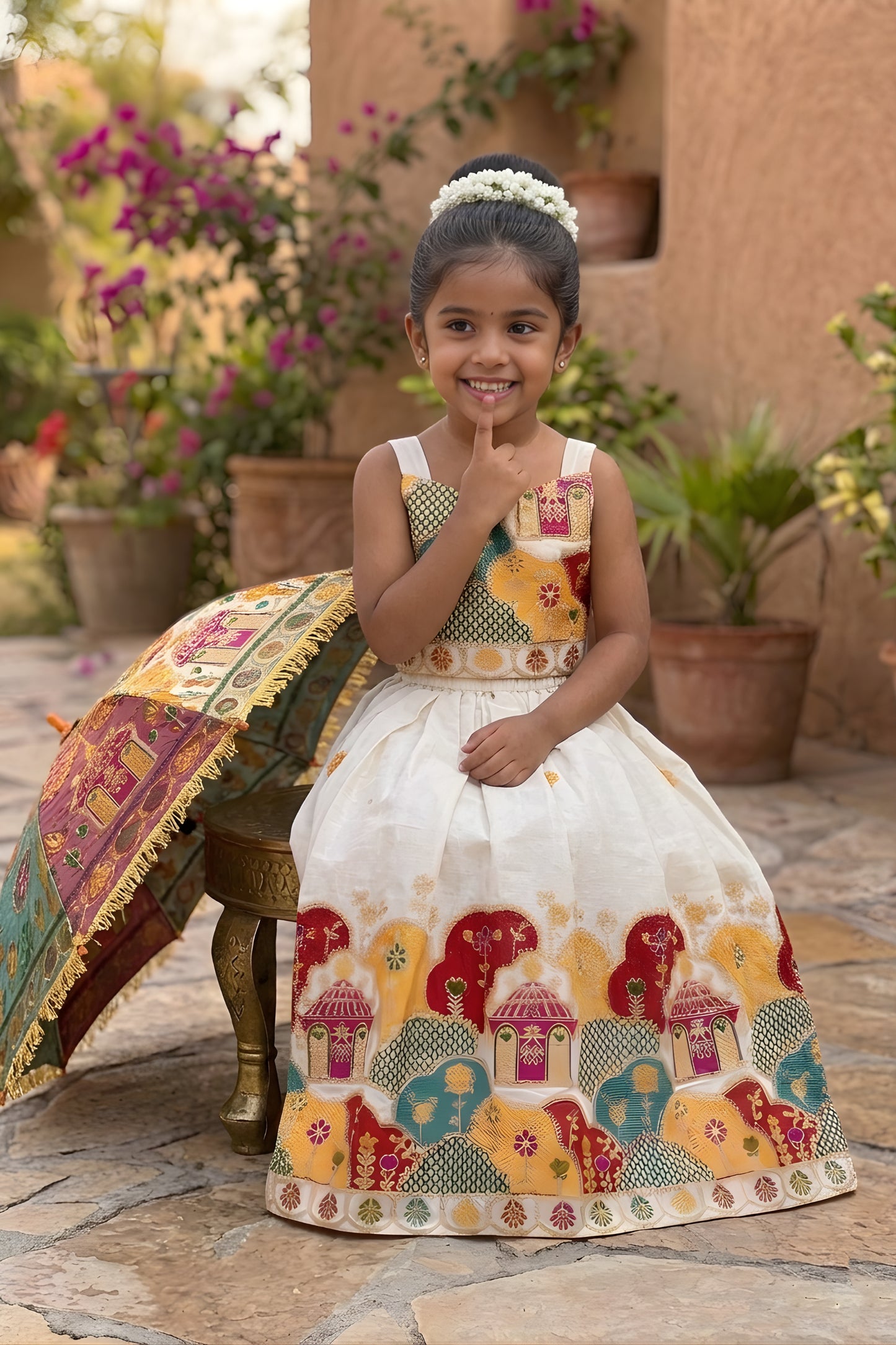Beautiful Off White Khadi Cotton Girls Lehenga Choli with Multicolor Temple Motif for Festival