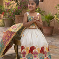 Beautiful Off White Khadi Cotton Girls Lehenga Choli with Multicolor Temple Motif for Festival