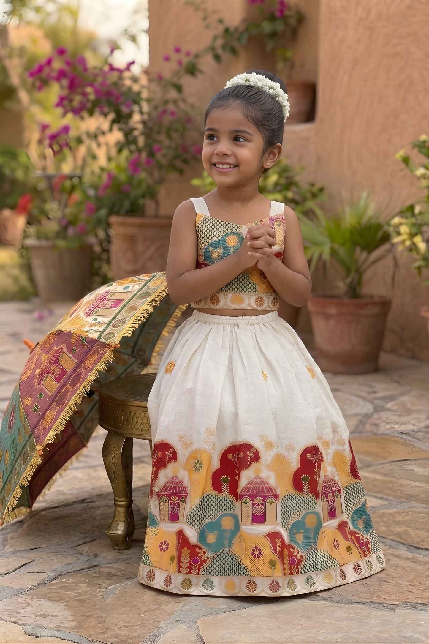 Beautiful Off White Khadi Cotton Girls Lehenga Choli with Multicolor Temple Motif for Festival