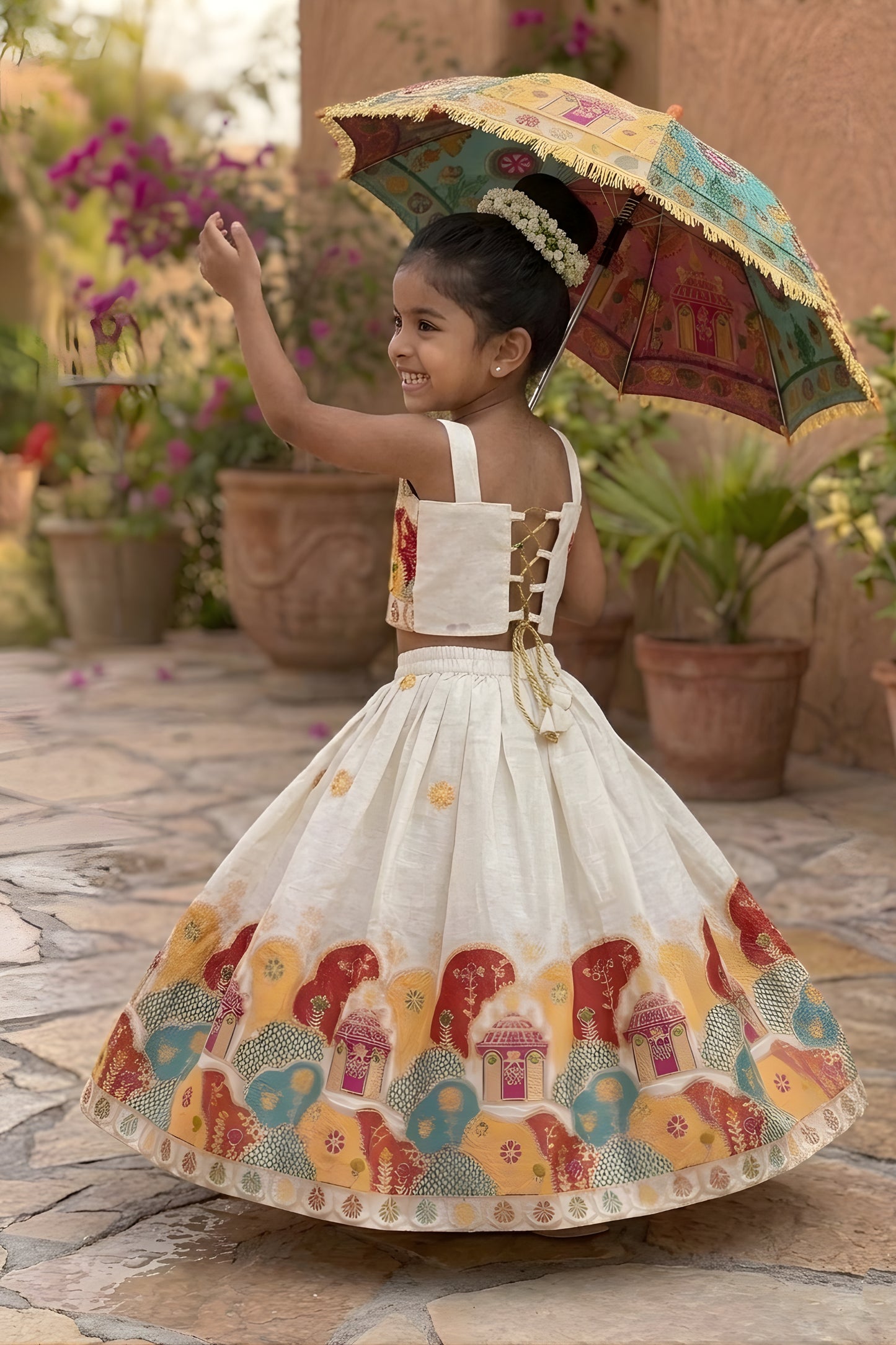 Beautiful Off White Khadi Cotton Girls Lehenga Choli with Multicolor Temple Motif for Festival