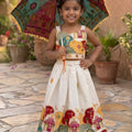 Beautiful Off White Khadi Cotton Girls Lehenga Choli with Multicolor Temple Motif for Festival