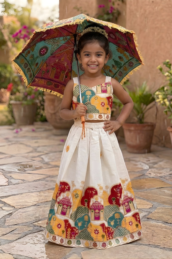 Beautiful Off White Khadi Cotton Girls Lehenga Choli with Multicolor Temple Motif for Festival